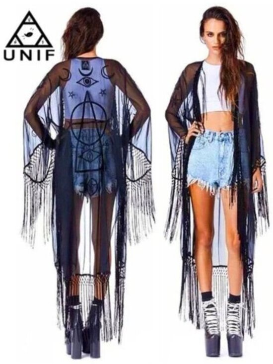 UNIF Jackets & Blazers - "🦋💋HOT ITEM! 💋🦋VTG 2013 UNIF Black "Wiccan" Embroidered Fringed Maxi Kimono